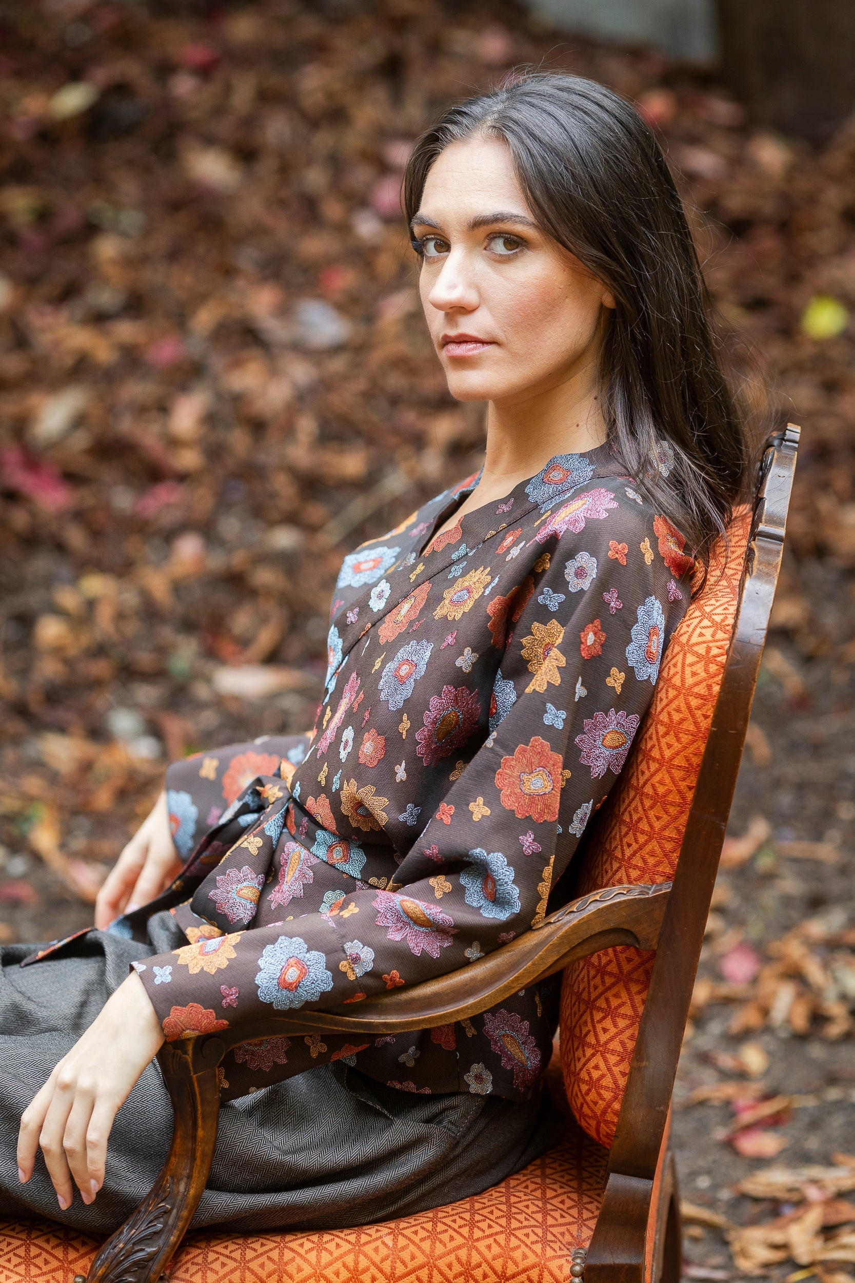 Kimono OKU marron/orange fleurs - CATHERINE VALENTIN