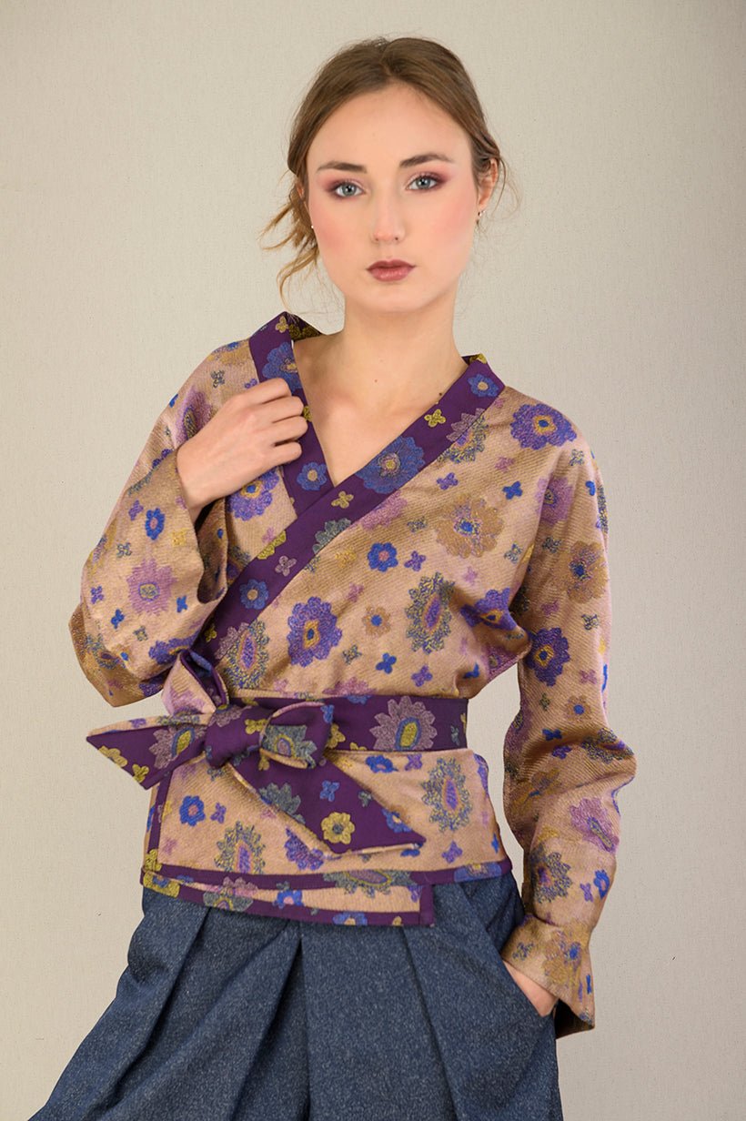 Kimono OKU violet/jaune fleurs - CATHERINE VALENTIN