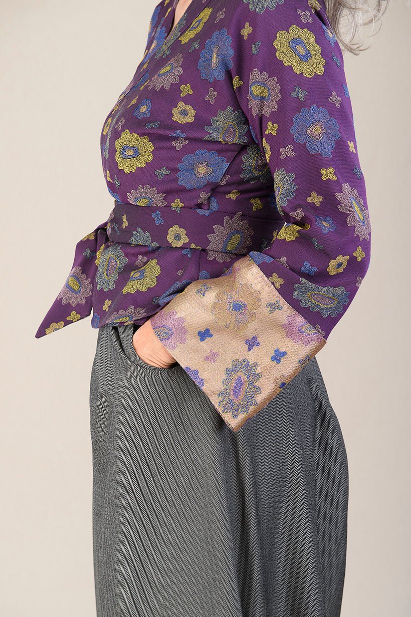 Kimono OKU violet/jaune fleurs - CATHERINE VALENTIN