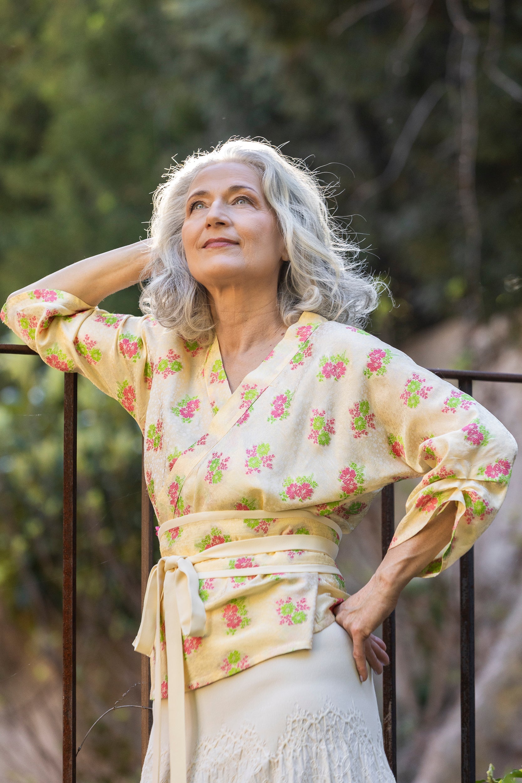 Kimono SUKI jaune fleur vert/rose - CATHERINE VALENTIN