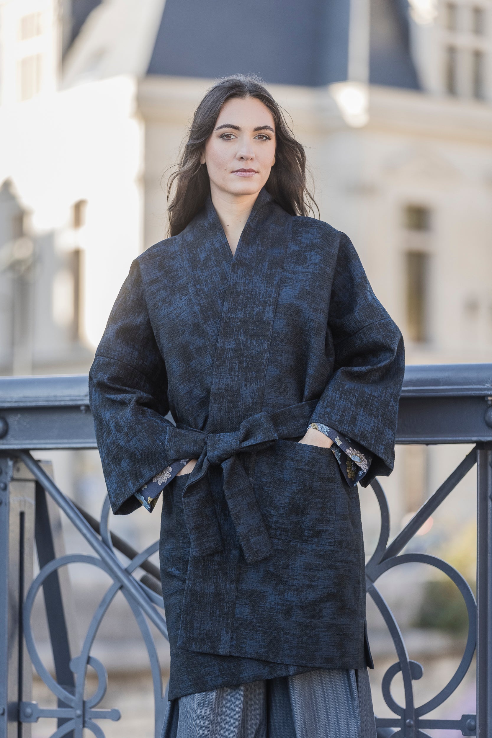 Manteau Kimono AKI noir/bleu marine - CATHERINE VALENTIN