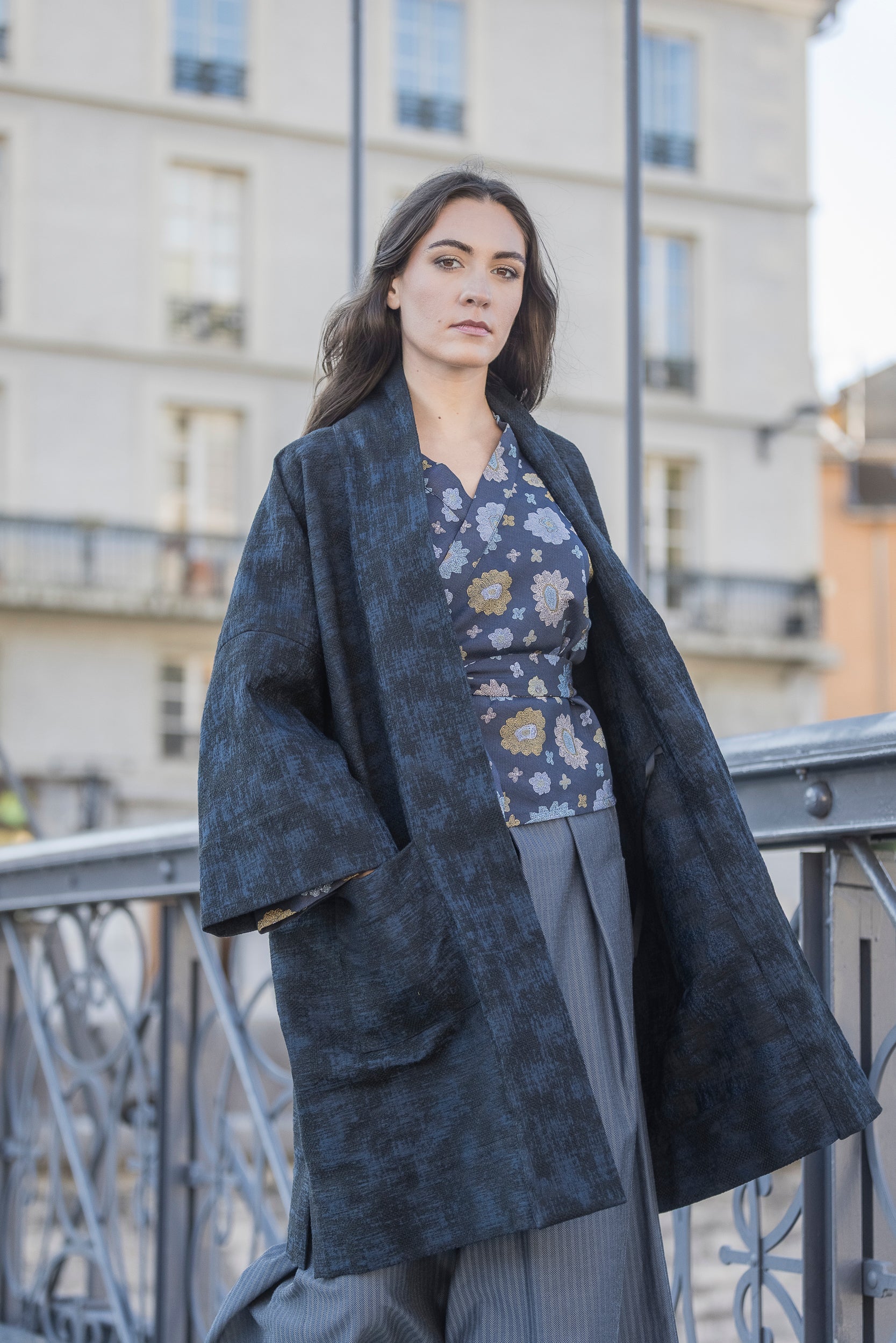 Manteau Kimono AKI noir/bleu marine - CATHERINE VALENTIN