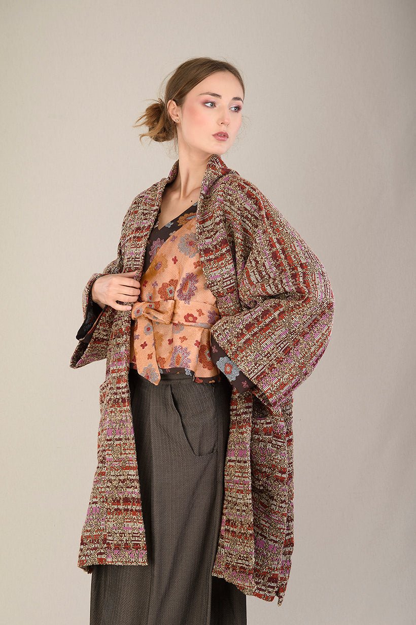 Manteau Kimono FUJIRO marron/orange/rose/beige - CATHERINE VALENTIN