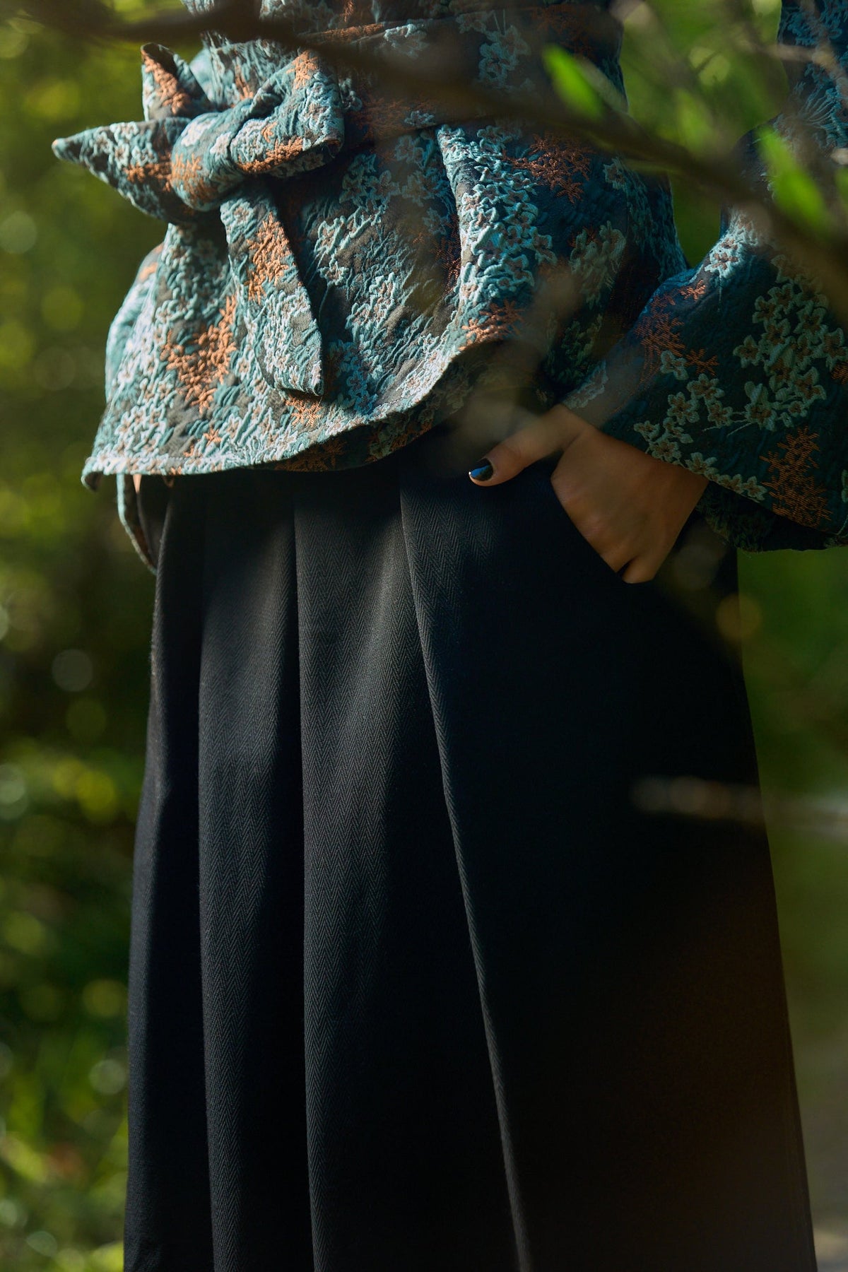 Pantalon hakama KURO noir satiné chevron - CATHERINE VALENTIN