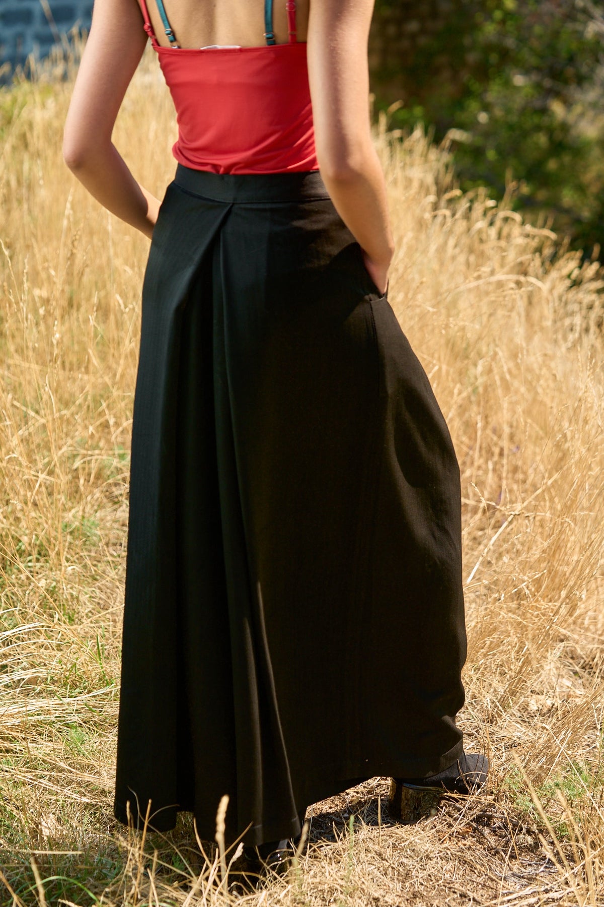 Pantalon hakama KURO noir satiné chevron - CATHERINE VALENTIN