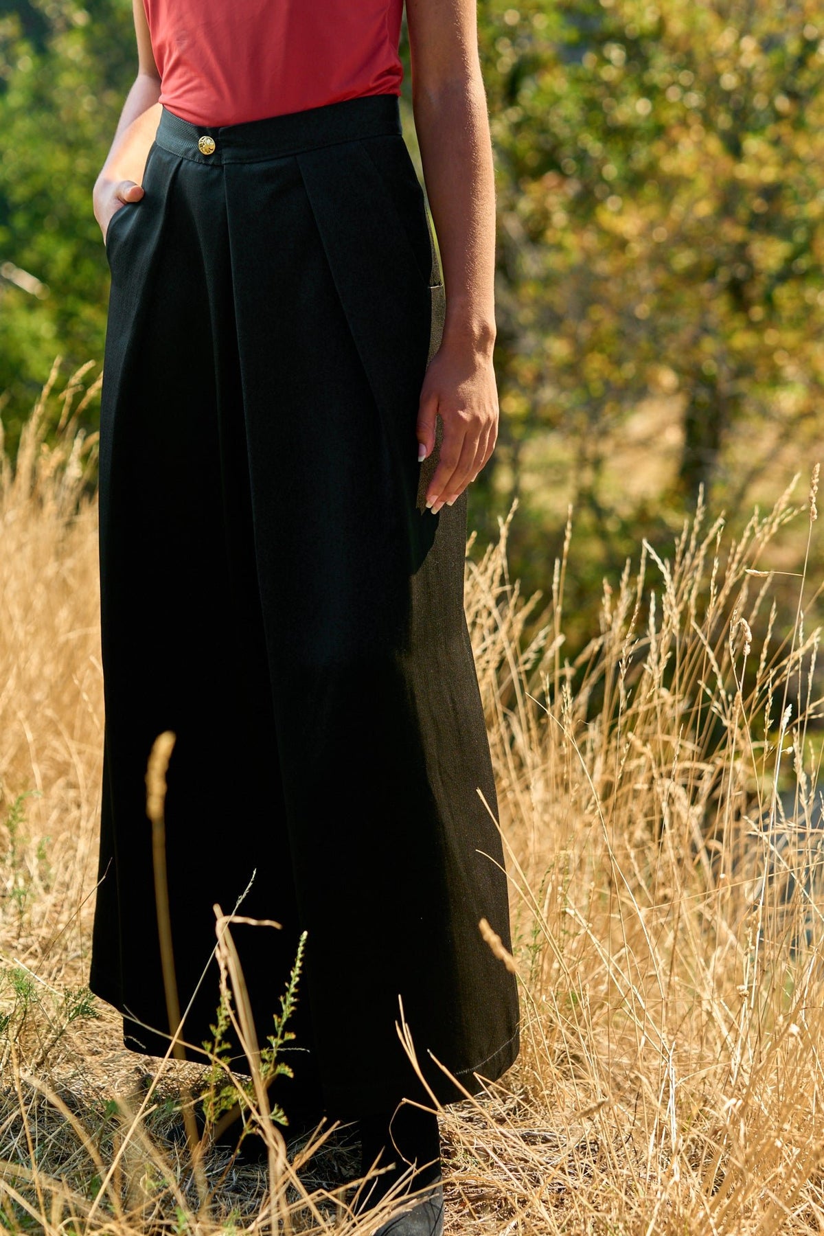 Pantalon hakama KURO noir satiné chevron - CATHERINE VALENTIN