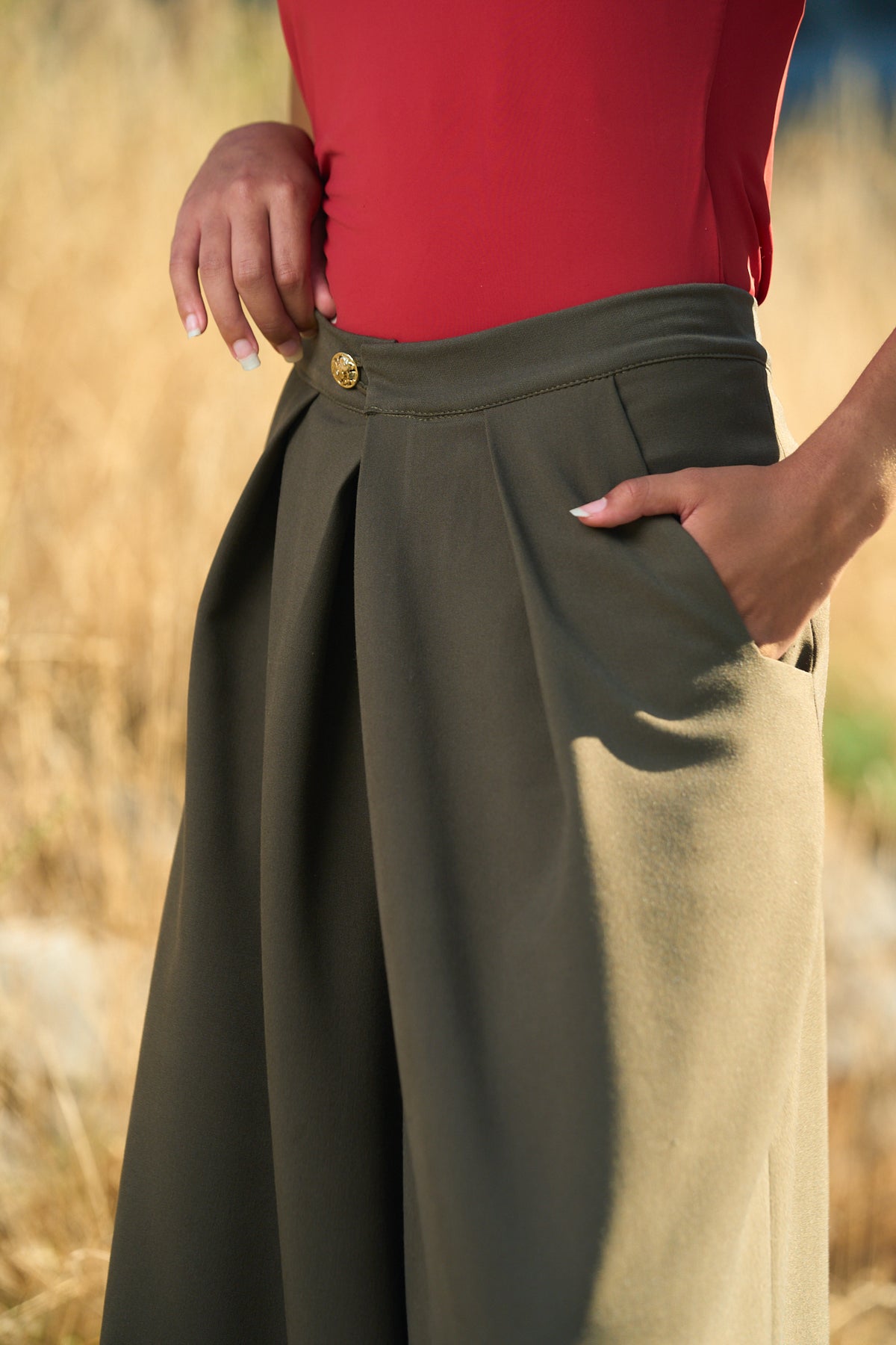pantalon hakama KATSU kaki -détail poches et bouton,CATHERINE VALENTIN