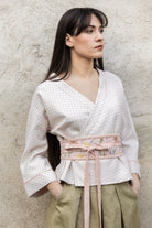 Kimono ENDO pois rose/blanc OBI fleur passepoil pois blanc/rose MARIAGE - CATHERINE VALENTIN