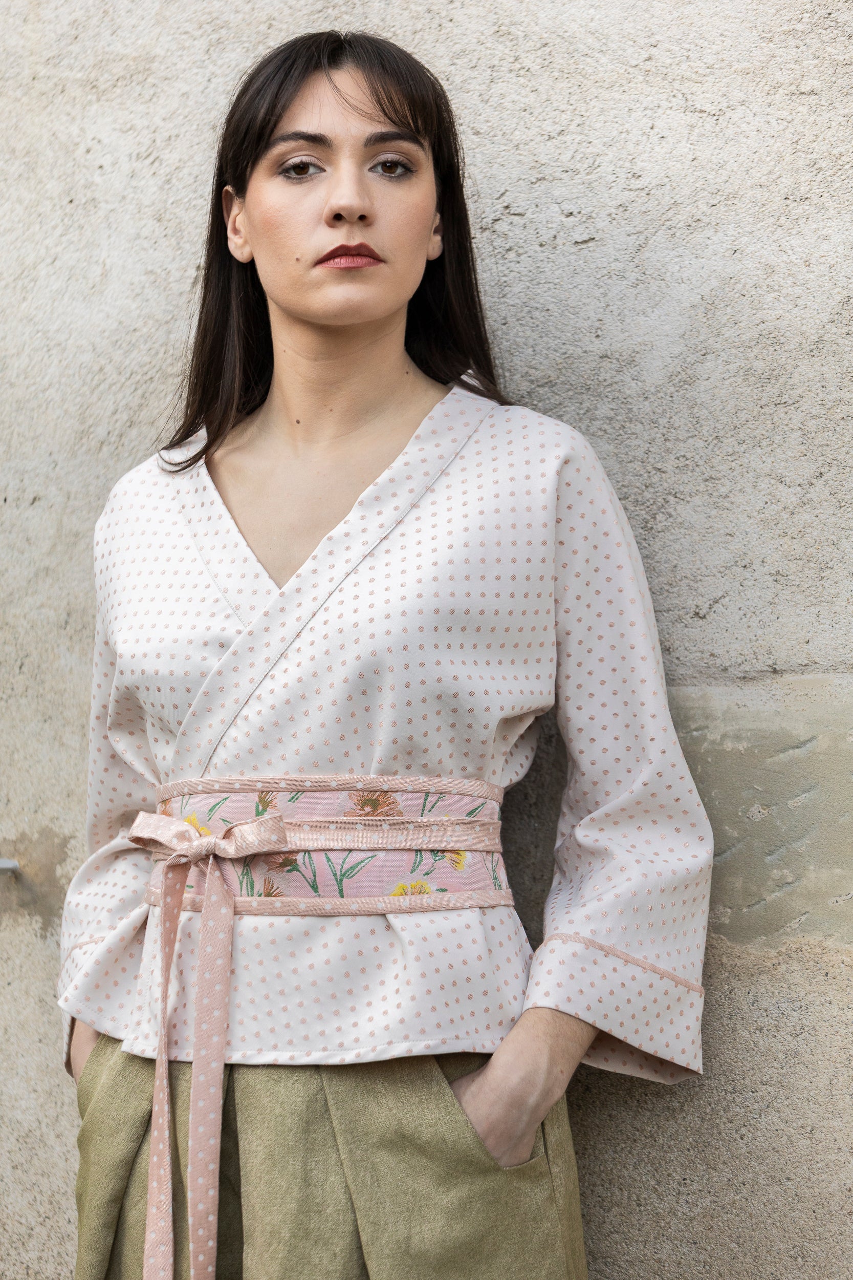 Kimono ENDO pois rose/blanc OBI fleur passepoil pois blanc/rose MARIAGE - CATHERINE VALENTIN