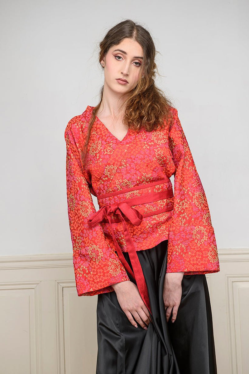 Kimono HANABI réversible fleur rose rouge CATHERINE VALENTIN