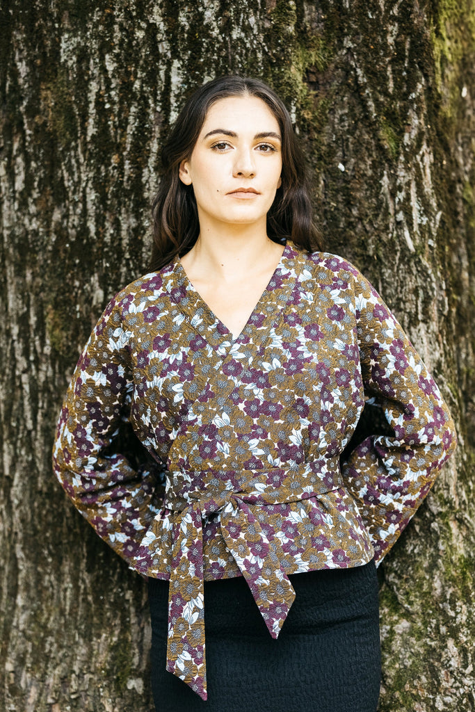 Kimono KASUMI marron/prune fleurs - CATHERINE VALENTIN