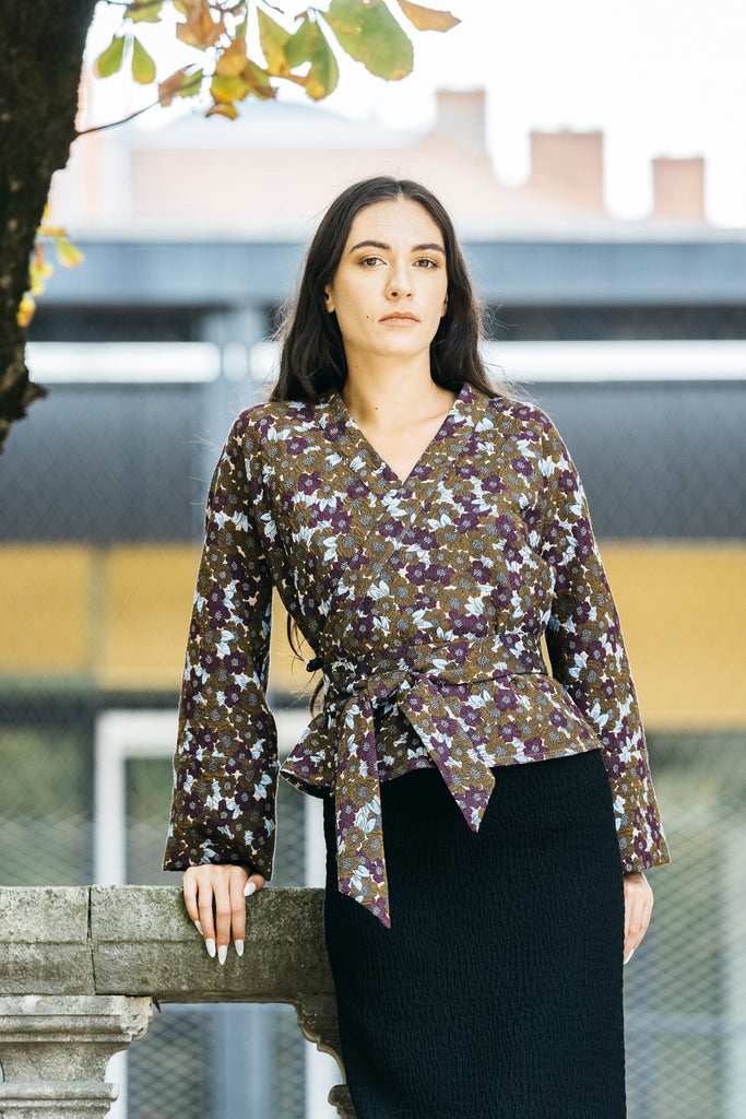 Kimono KASUMI marron/prune fleurs - CATHERINE VALENTIN