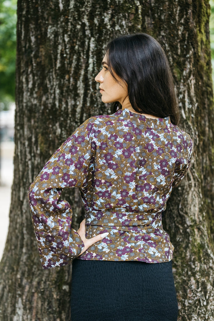 Kimono KASUMI marron/prune fleurs - CATHERINE VALENTIN