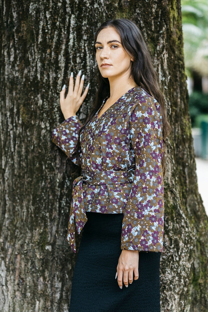 Kimono KASUMI marron/prune fleurs - CATHERINE VALENTIN