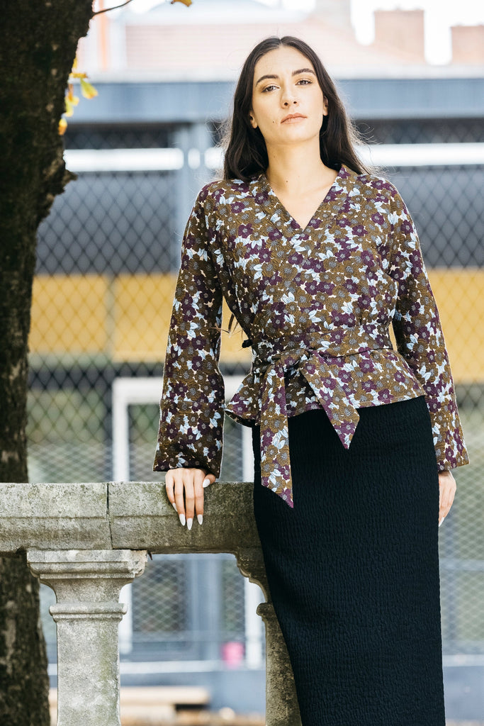 Kimono KASUMI marron/prune fleurs - CATHERINE VALENTIN