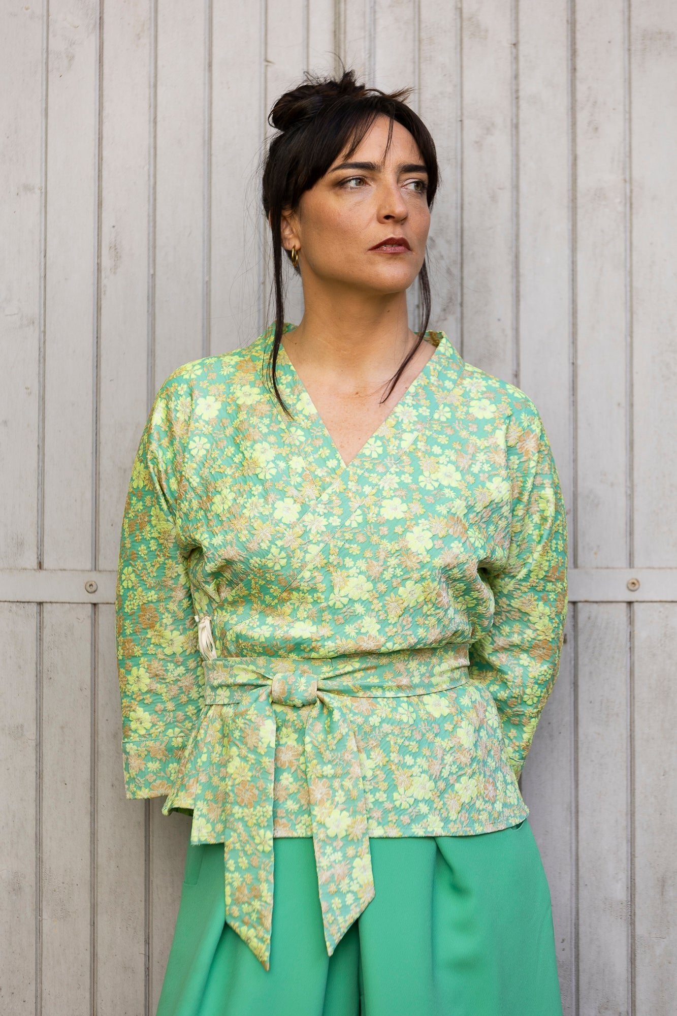  Kimono KOYO femme vert — motif floral japonisant jacquard, fabriqué en France — Catherine Valentin