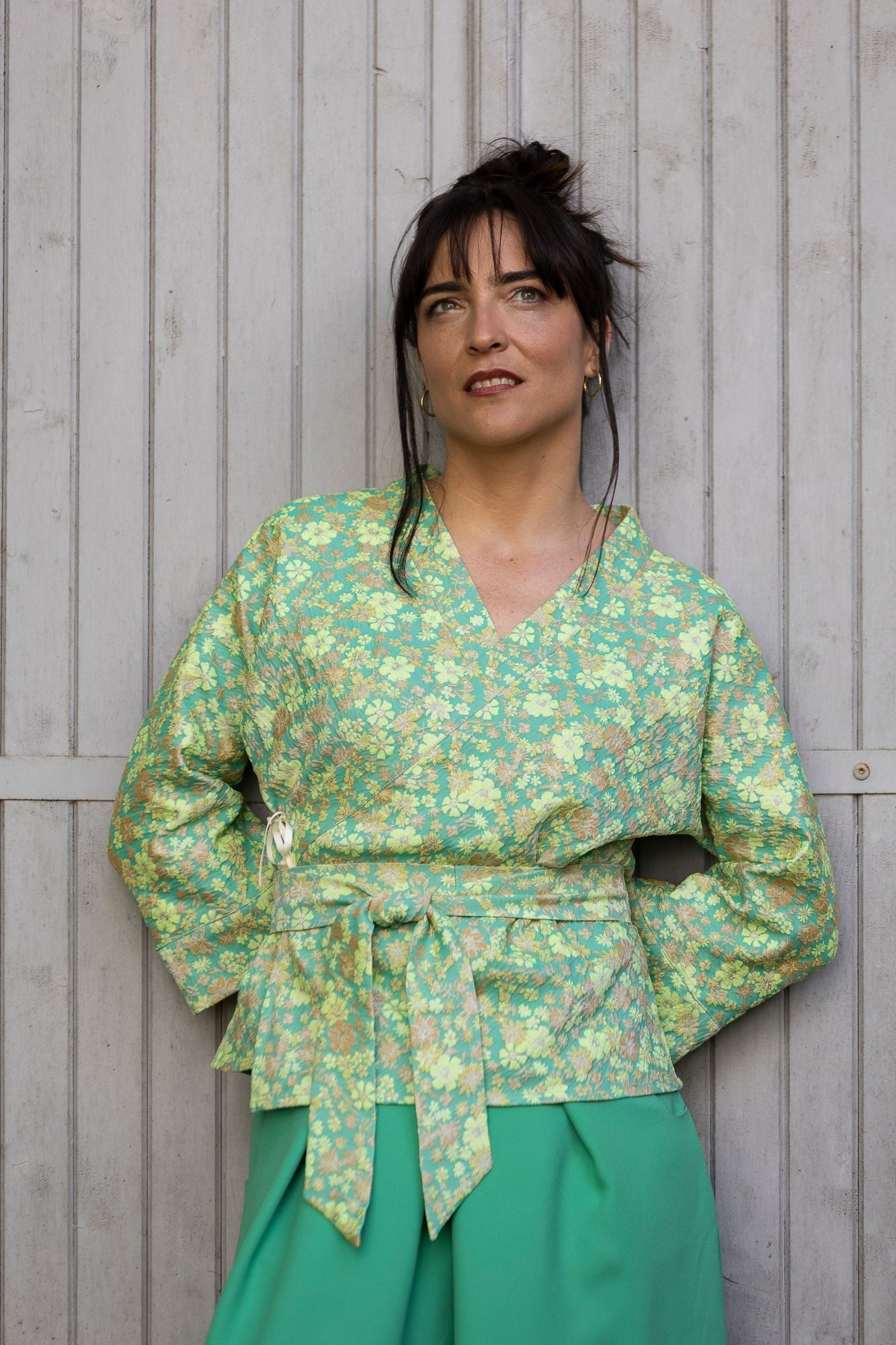  Kimono KOYO femme vert — motif floral japonisant jacquard, fabriqué en France — Catherine Valentin