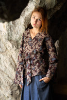 Kimono MITSU motif floral bleu/aubergine - CATHERINE VALENTIN