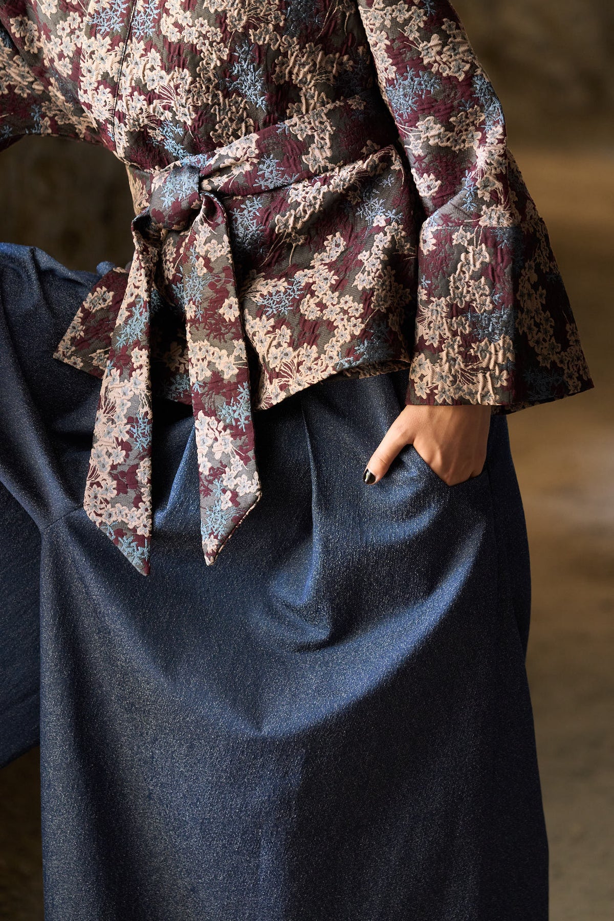 Kimono MITSU motif floral bleu/aubergine - CATHERINE VALENTIN