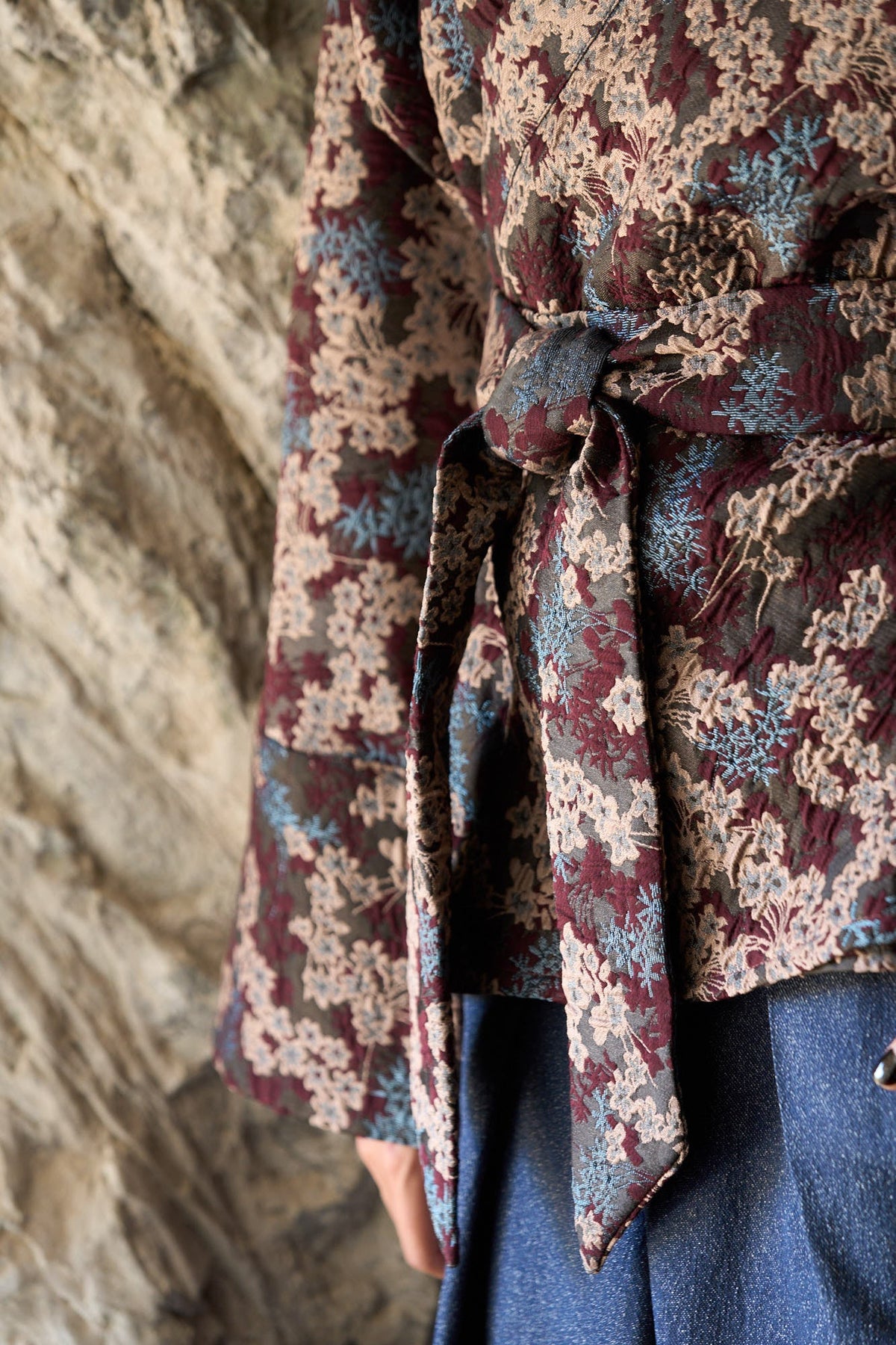 Kimono MITSU motif floral bleu/aubergine - CATHERINE VALENTIN
