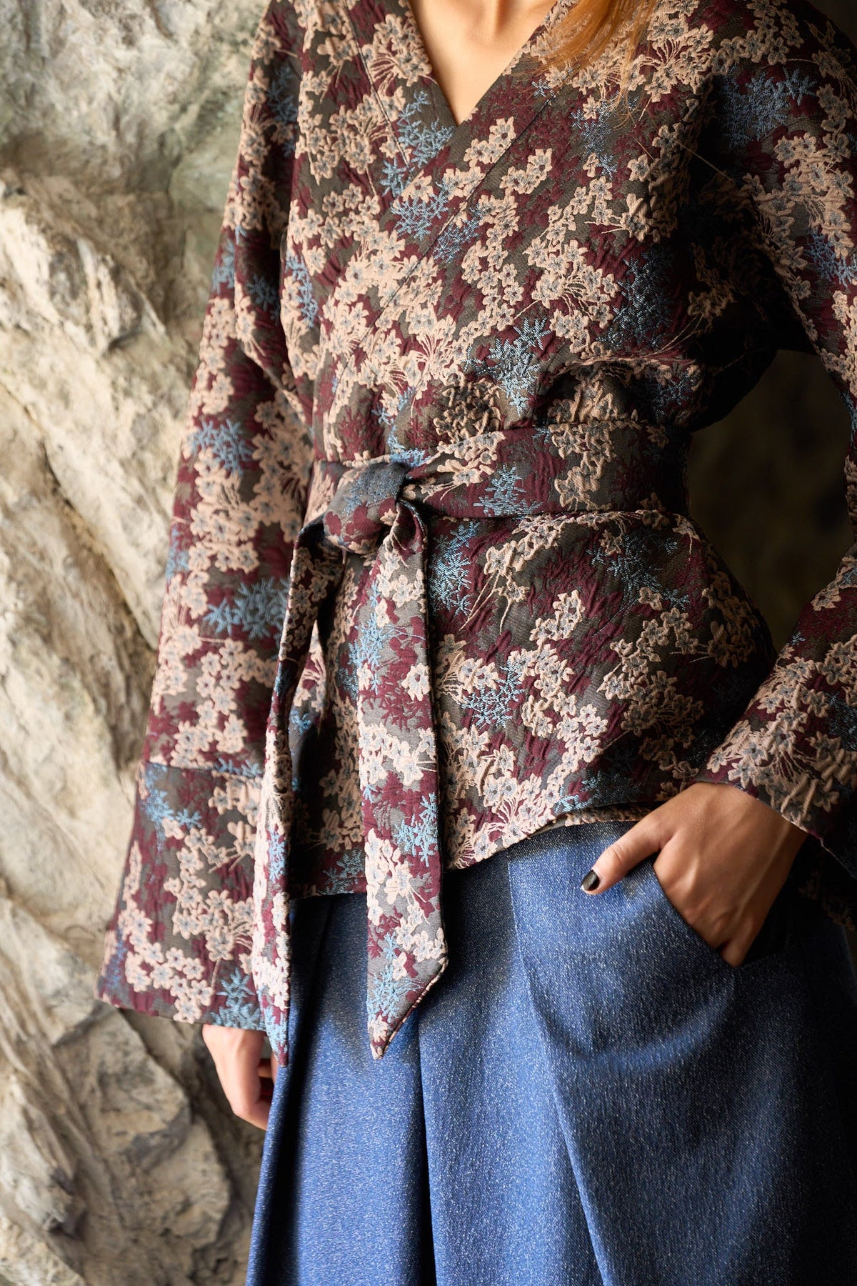 Kimono MITSU motif floral bleu/aubergine - CATHERINE VALENTIN