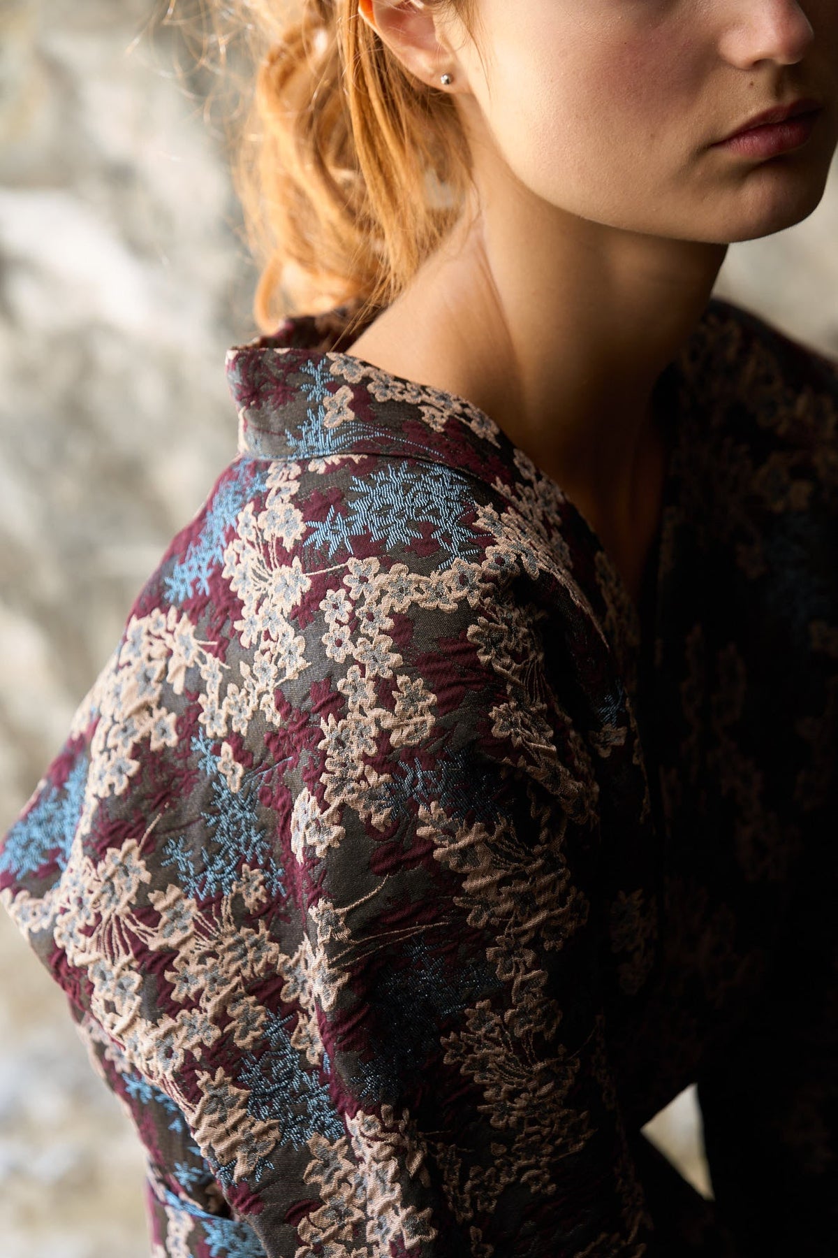 Kimono MITSU motif floral bleu/aubergine - CATHERINE VALENTIN