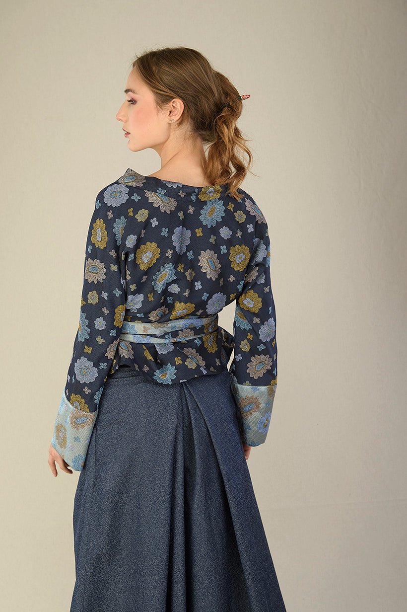 Kimono OKU bleu fleurs - CATHERINE VALENTIN