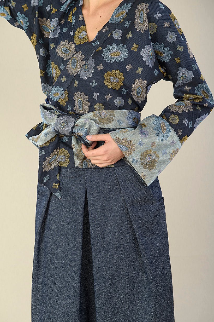 Kimono OKU bleu fleurs - CATHERINE VALENTIN
