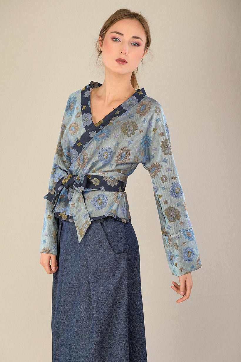 Kimono OKU bleu fleurs - CATHERINE VALENTIN