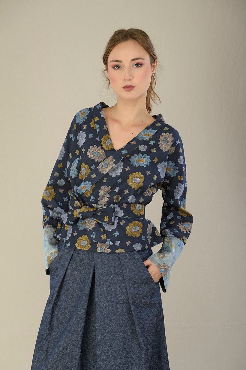 Kimono OKU bleu fleurs - CATHERINE VALENTIN