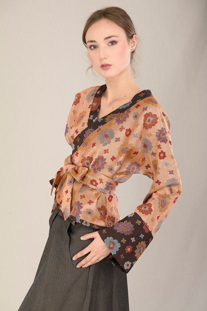 Kimono OKU marron/orange fleurs - CATHERINE VALENTIN