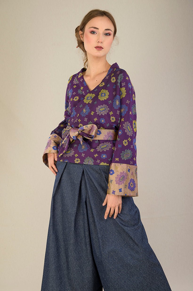 Kimono OKU violet/jaune fleurs - CATHERINE VALENTIN