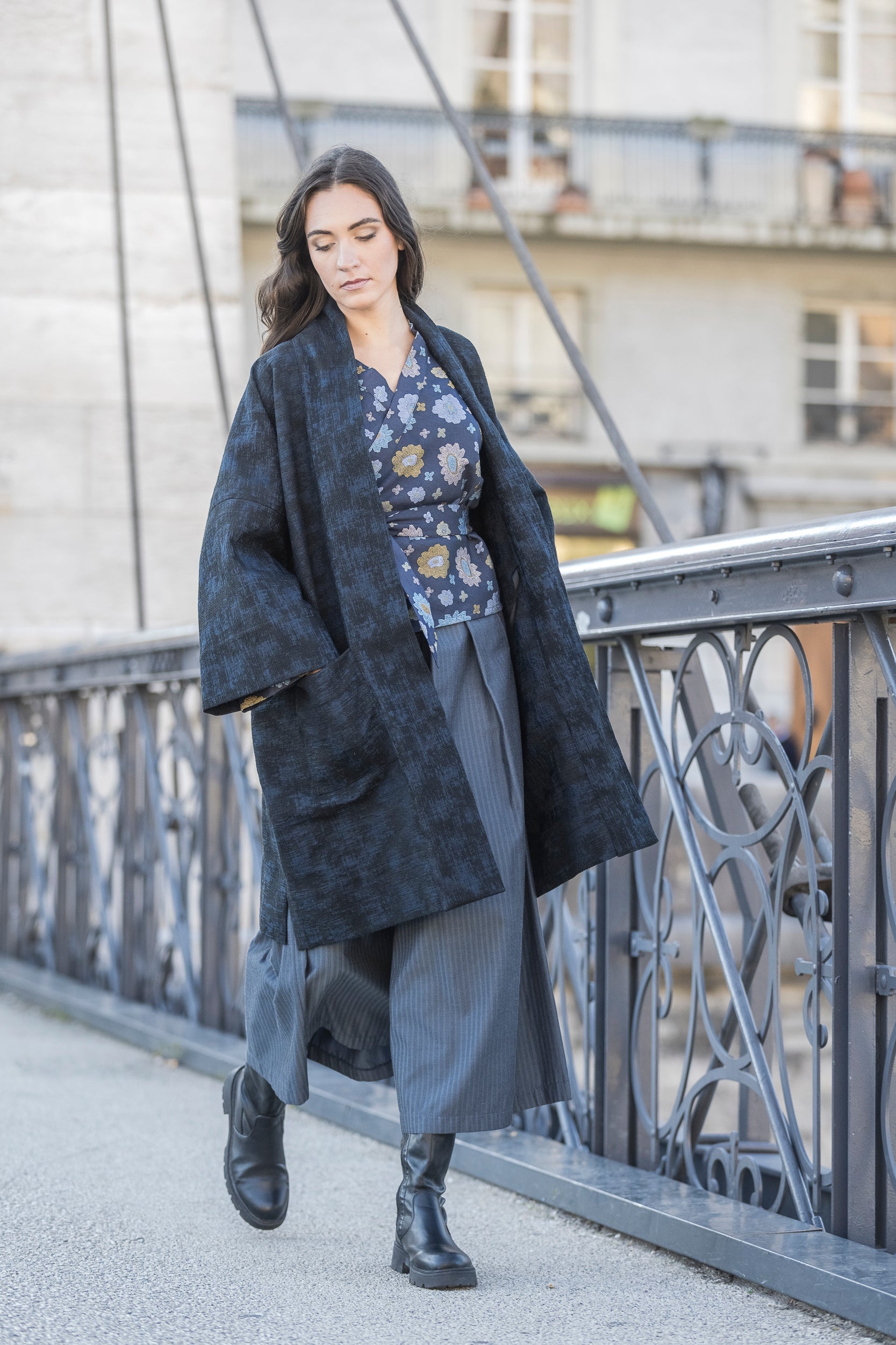 Manteau Kimono AKI noir/bleu marine - CATHERINE VALENTIN