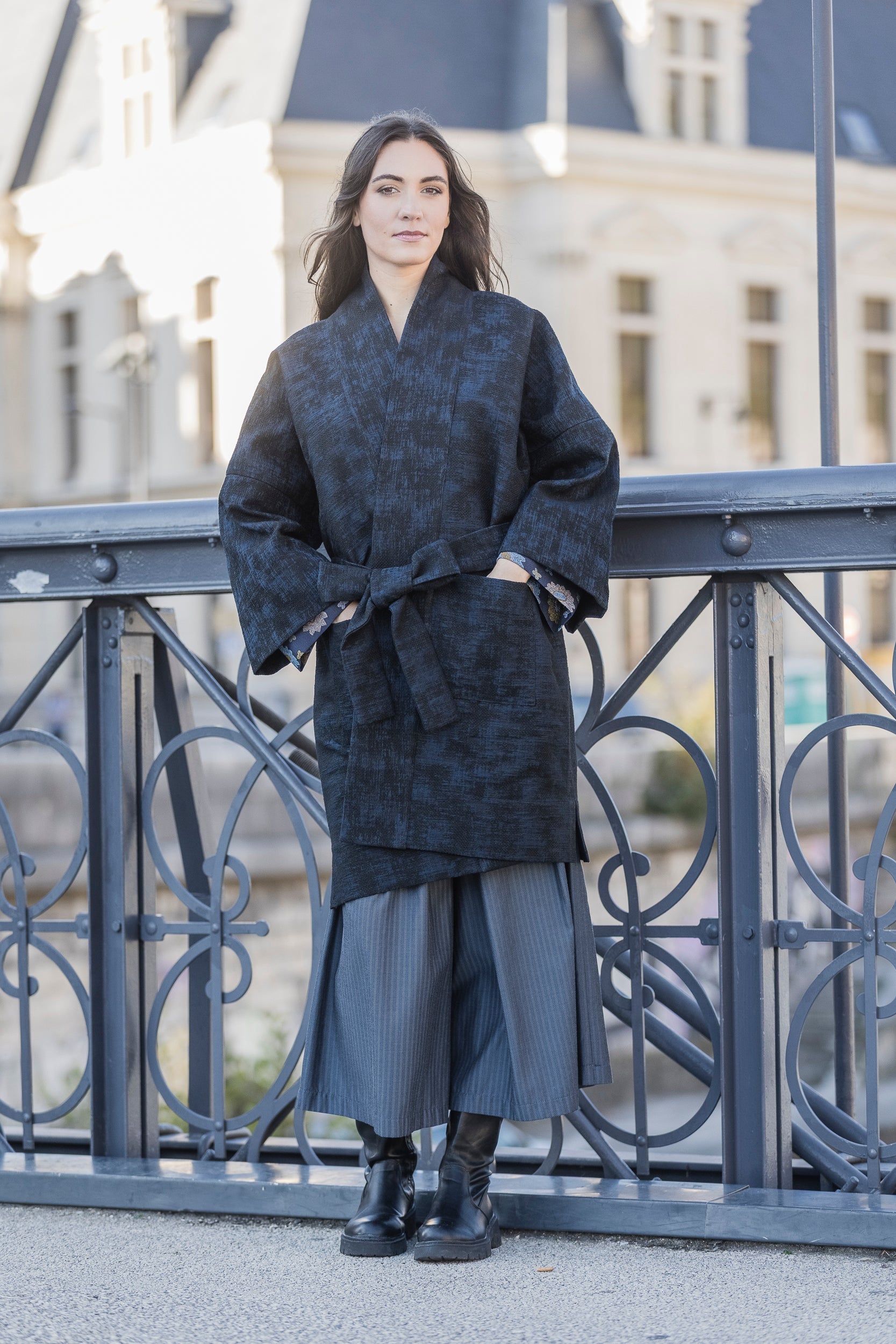 Manteau Kimono AKI noir/bleu marine - CATHERINE VALENTIN