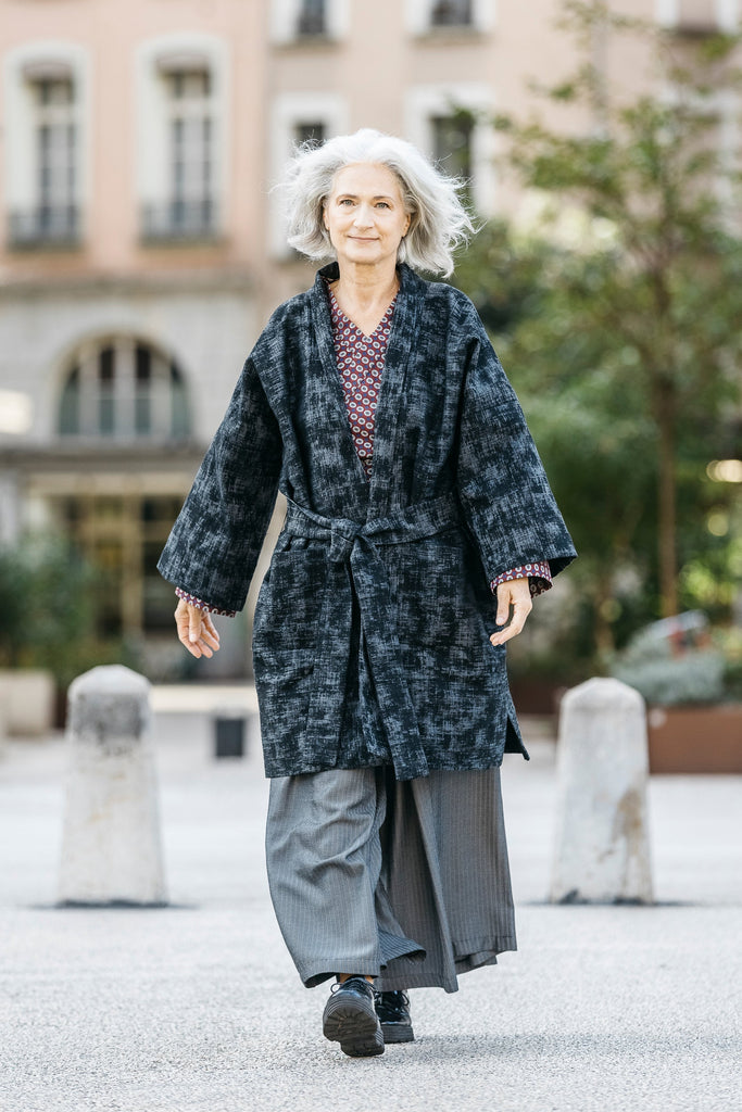Manteau Kimono AKI noir/gris - CATHERINE VALENTIN