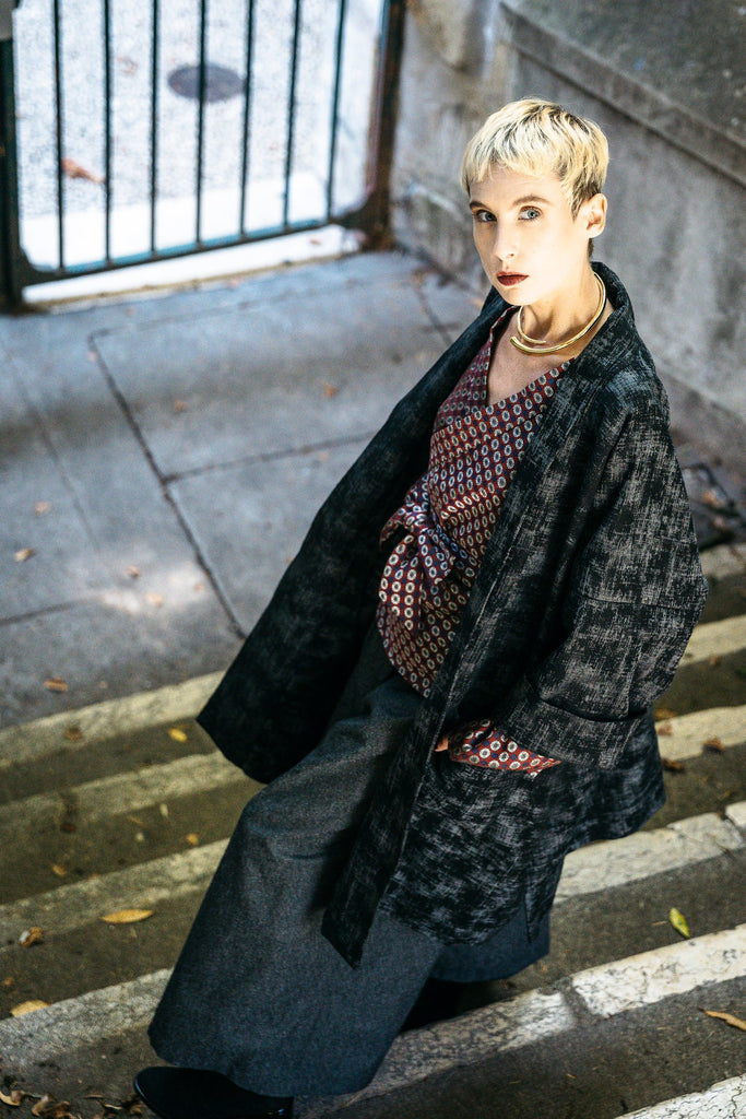 Manteau Kimono AKI noir/gris - CATHERINE VALENTIN