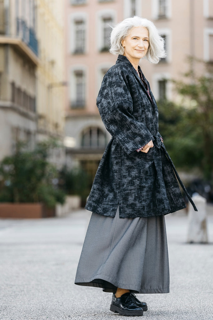 Manteau Kimono AKI noir/gris - CATHERINE VALENTIN