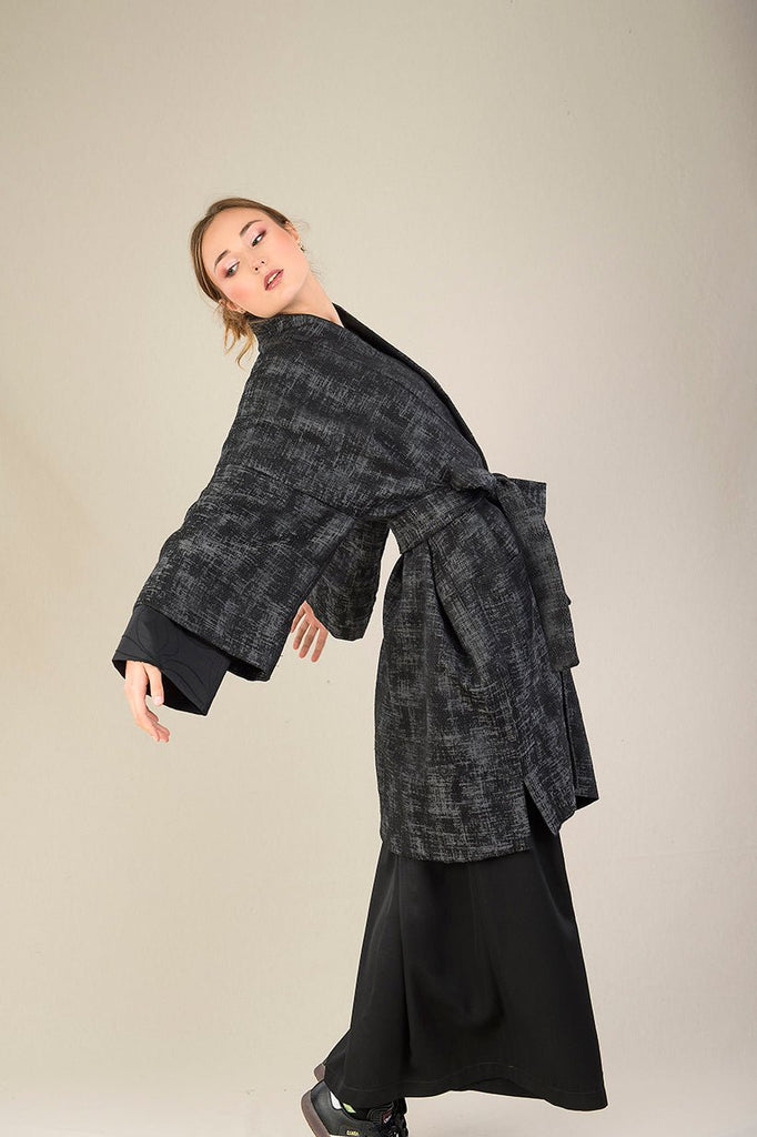 Manteau Kimono AKI noir/gris rouge - CATHERINE VALENTIN