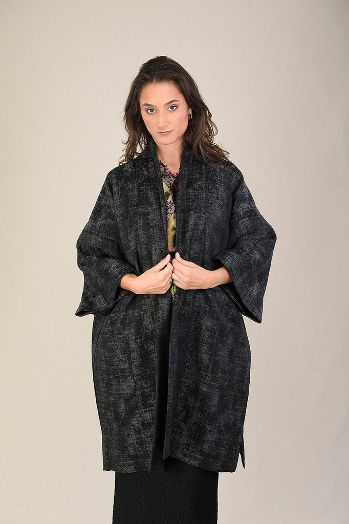 Manteau Kimono AKI noir/gris rouge - CATHERINE VALENTIN