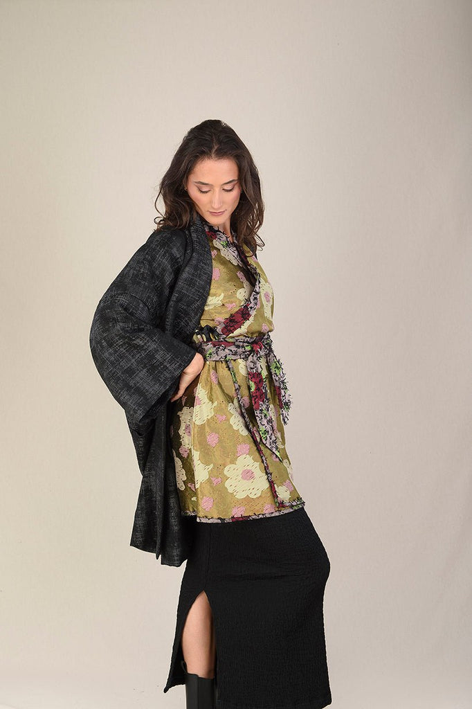 Manteau Kimono AKI noir/gris rouge - CATHERINE VALENTIN