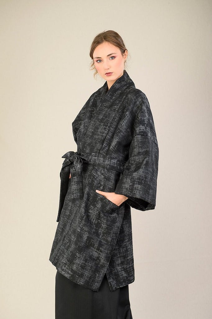 Manteau Kimono AKI noir/gris rouge - CATHERINE VALENTIN