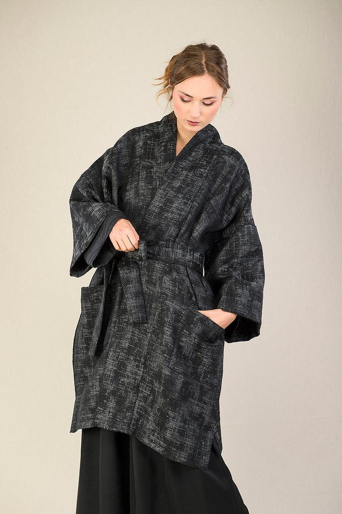 Manteau Kimono AKI noir/gris rouge - CATHERINE VALENTIN