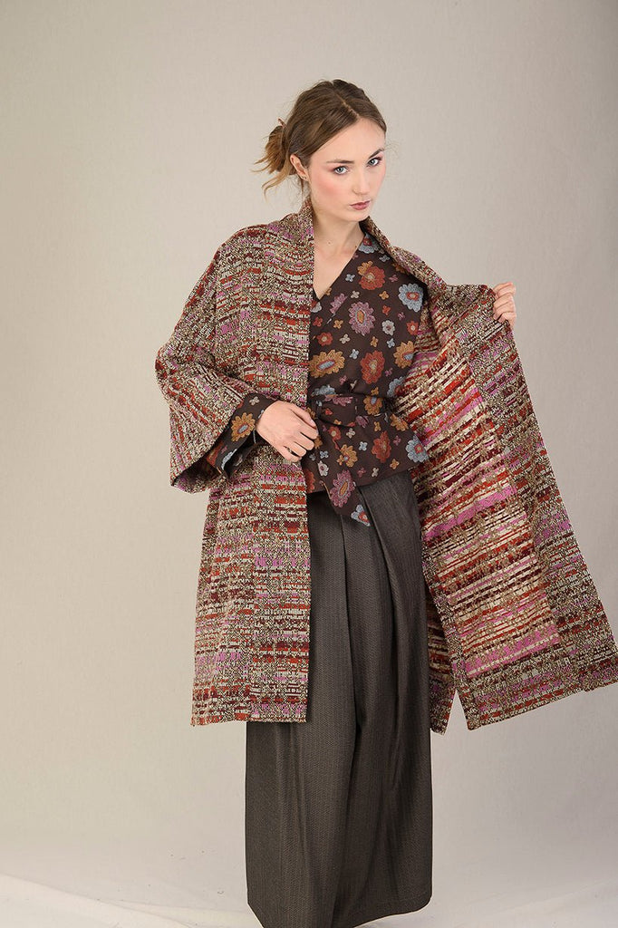 Manteau Kimono FUJIRO marron/orange/rose/beige - CATHERINE VALENTIN