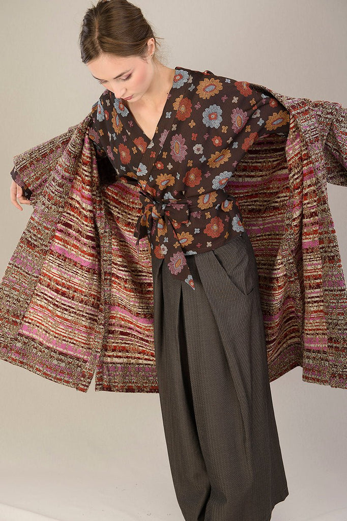 Manteau Kimono FUJIRO marron/orange/rose/beige - CATHERINE VALENTIN