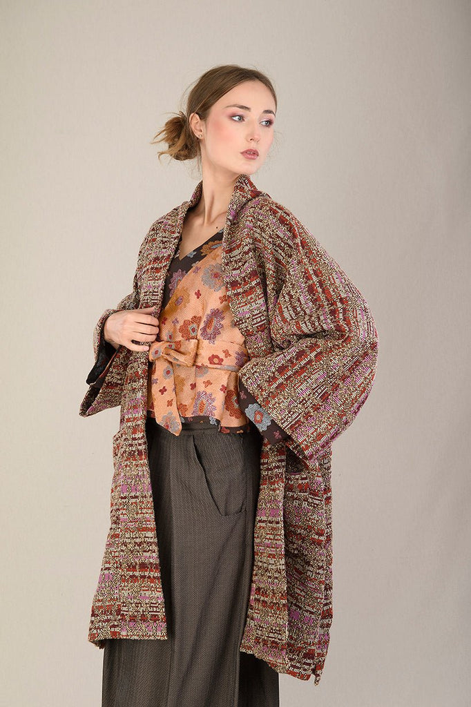 Manteau Kimono FUJIRO marron/orange/rose/beige - CATHERINE VALENTIN