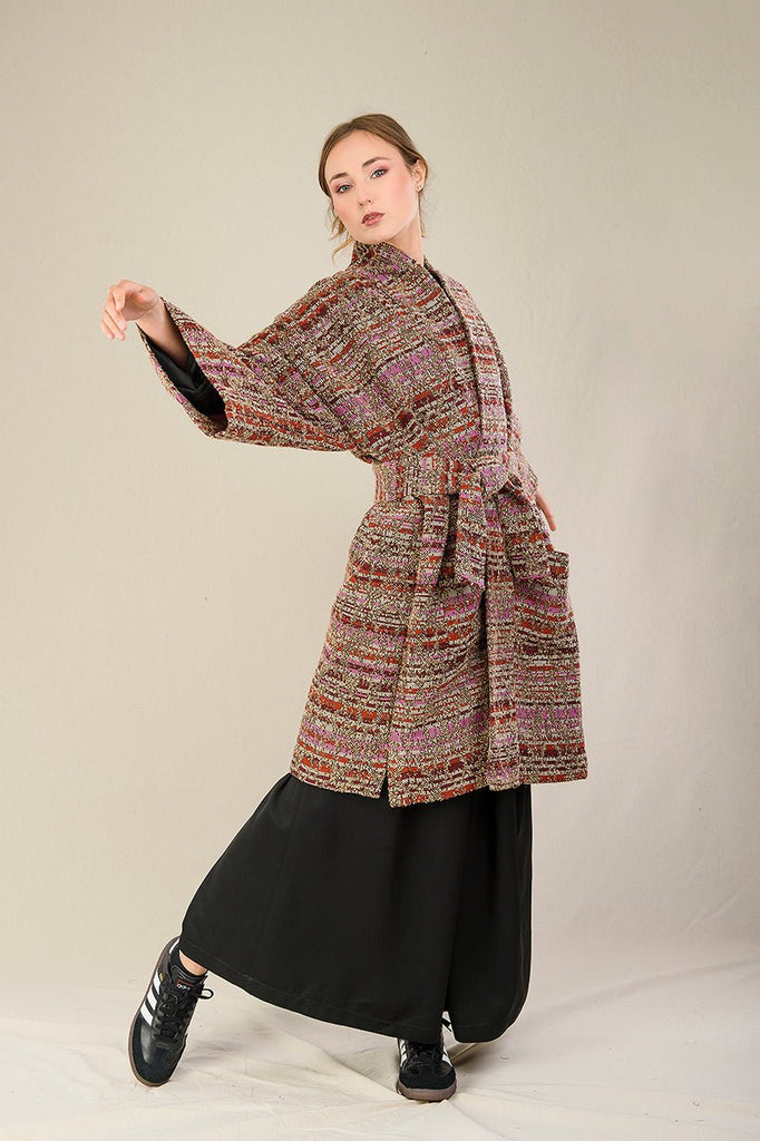 Manteau Kimono FUJIRO marron/orange/rose/beige - CATHERINE VALENTIN