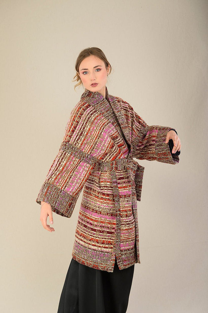 Manteau Kimono FUJIRO marron/orange/rose/beige - CATHERINE VALENTIN