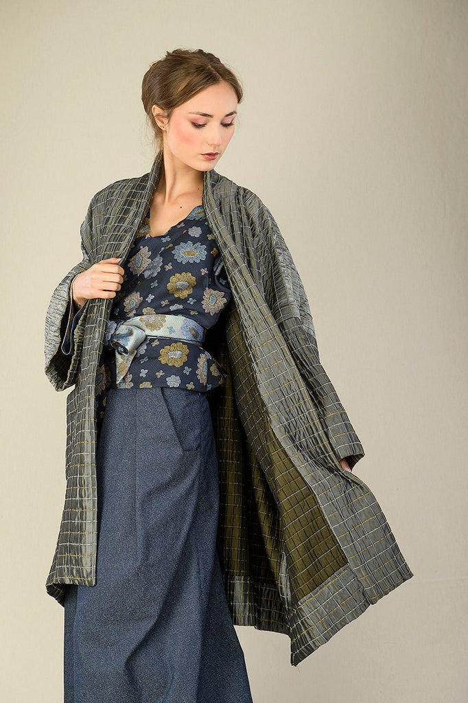 Manteau Kimono réversible SHOJI gris/vert bronze - CATHERINE VALENTIN