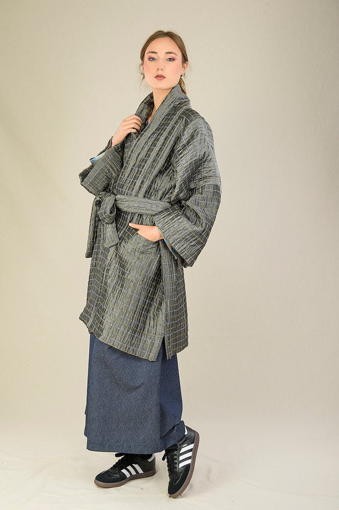 Manteau Kimono réversible SHOJI gris/vert bronze - CATHERINE VALENTIN