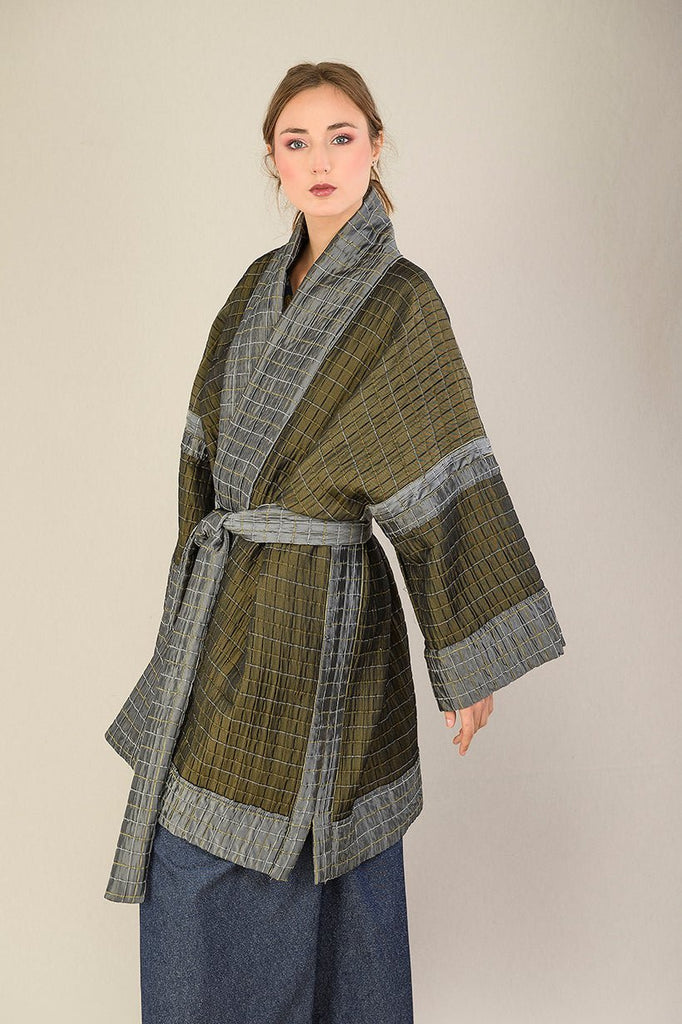 Manteau Kimono réversible SHOJI gris/vert bronze - CATHERINE VALENTIN